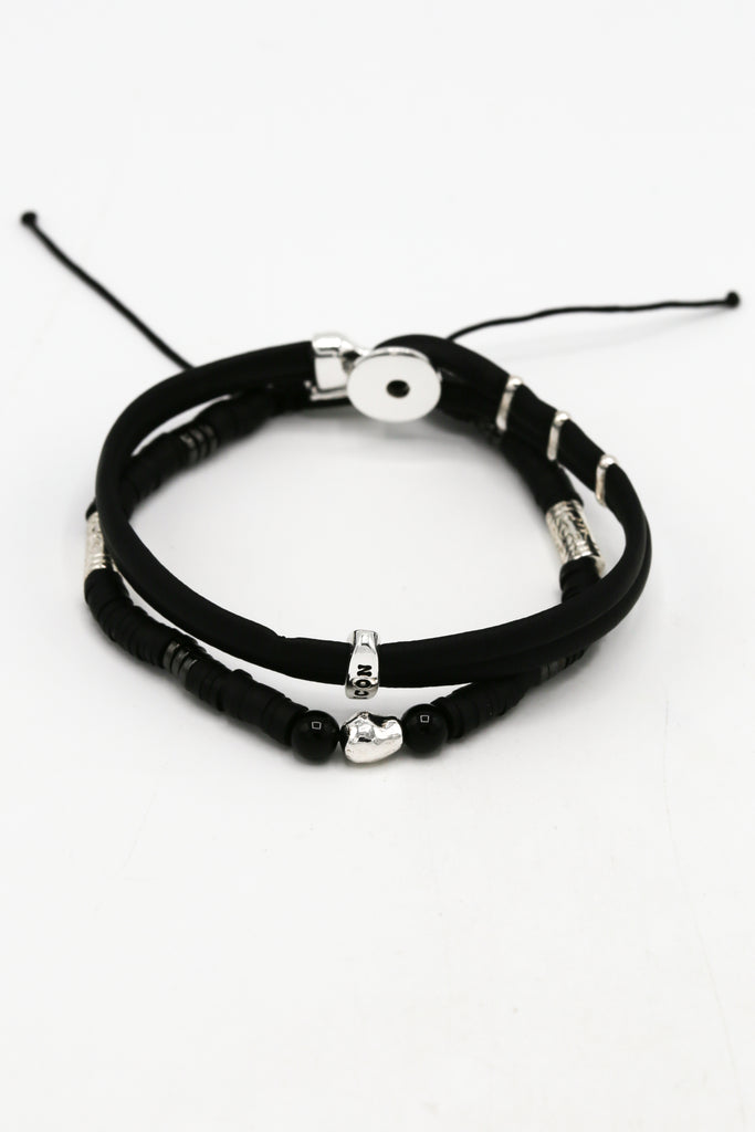 Icon Brand Black Double Stone and Leather Bracelet